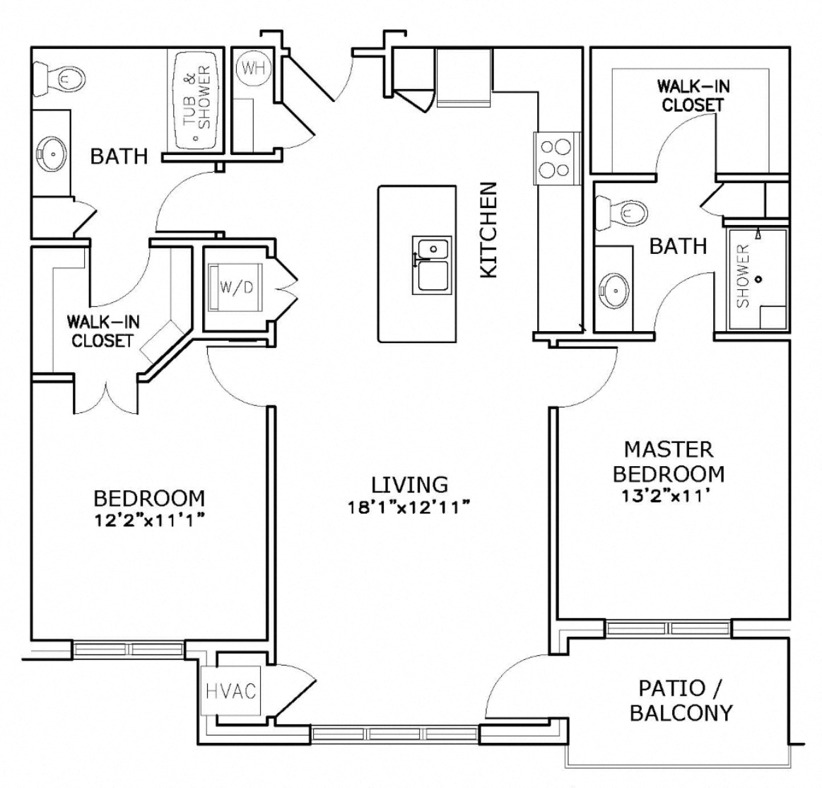 Floor plan for 2 beds, 2 baths, 1053 sqft